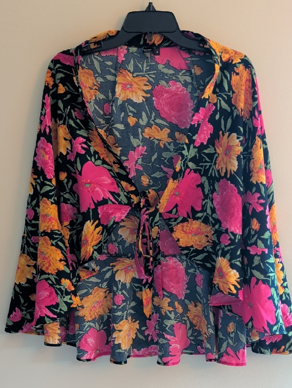 SHEIN SXY Black with Hot Pink & Mustard Floral Print Wrap Size S